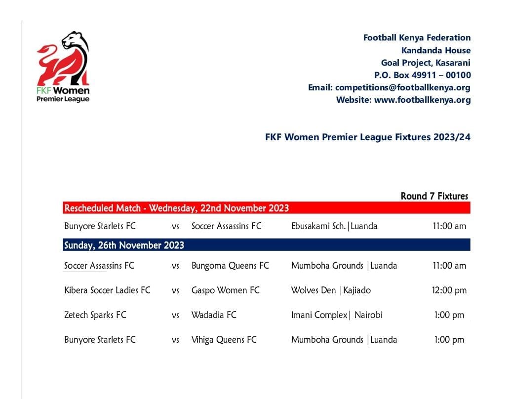 Rescheduled Matches for Wednesday, November 22nd and KWPL Sunday, November 26th fixtures